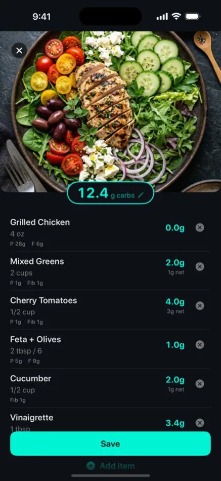 CarbZen results for a grilled chicken salad: 12.4 grams of carbs broken down across six ingredients