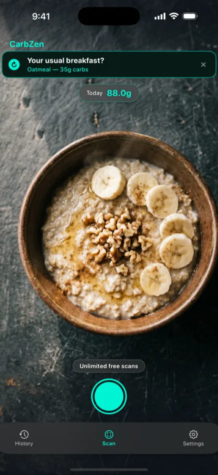 CarbZen suggesting a saved correction: your usual breakfast, oatmeal, 35 grams of carbs