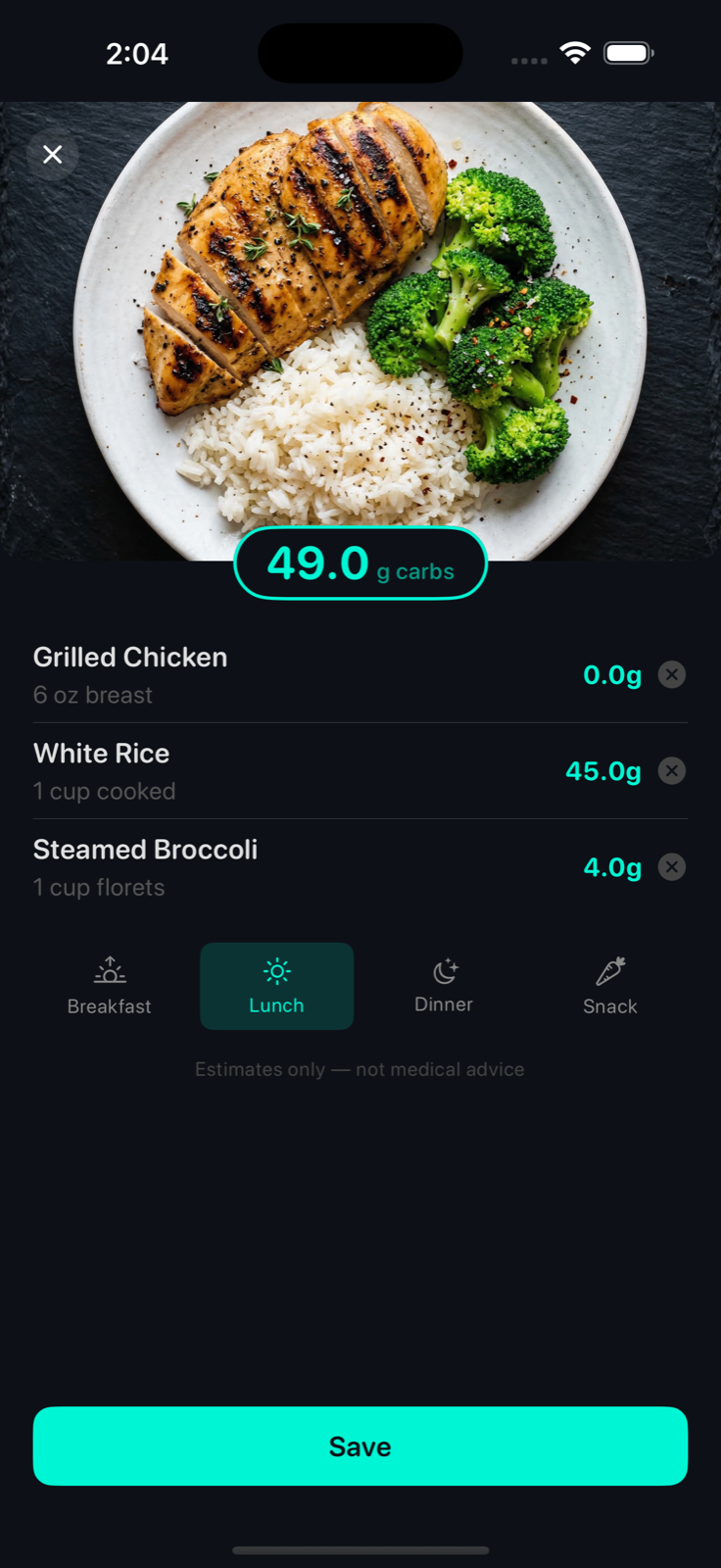 CarbZen showing carb breakdown per food item